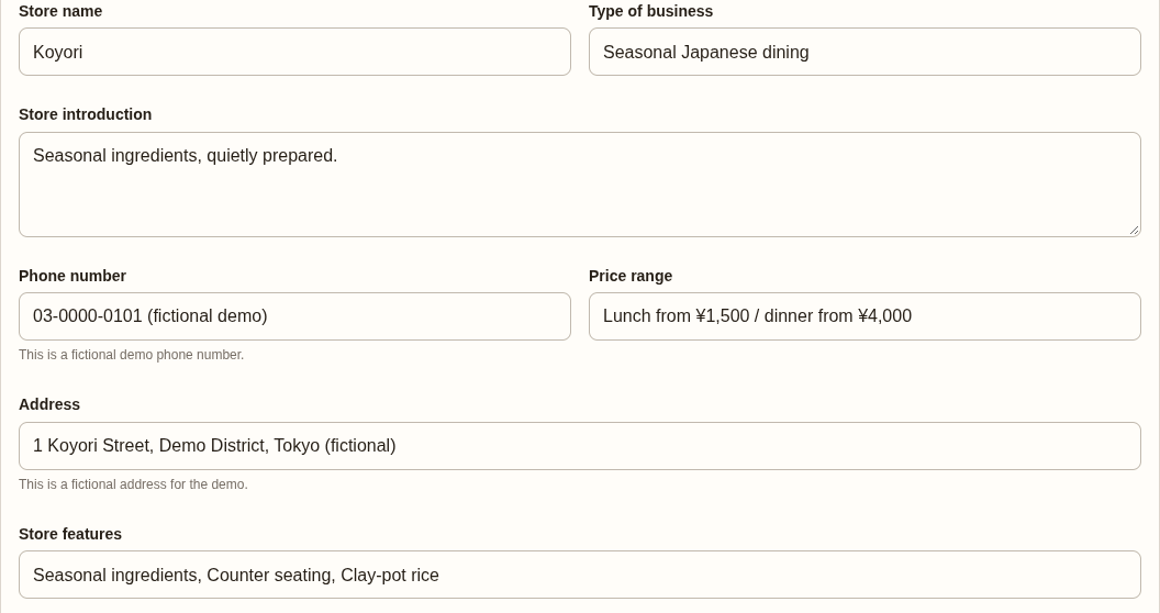 English sample store profile with shop name, business type and shop details; the mobile excerpt shows the name and business type.