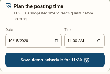 English scheduling demo showing October 15, 2026 and 11:30. Saving stays in the demo; nothing is published.